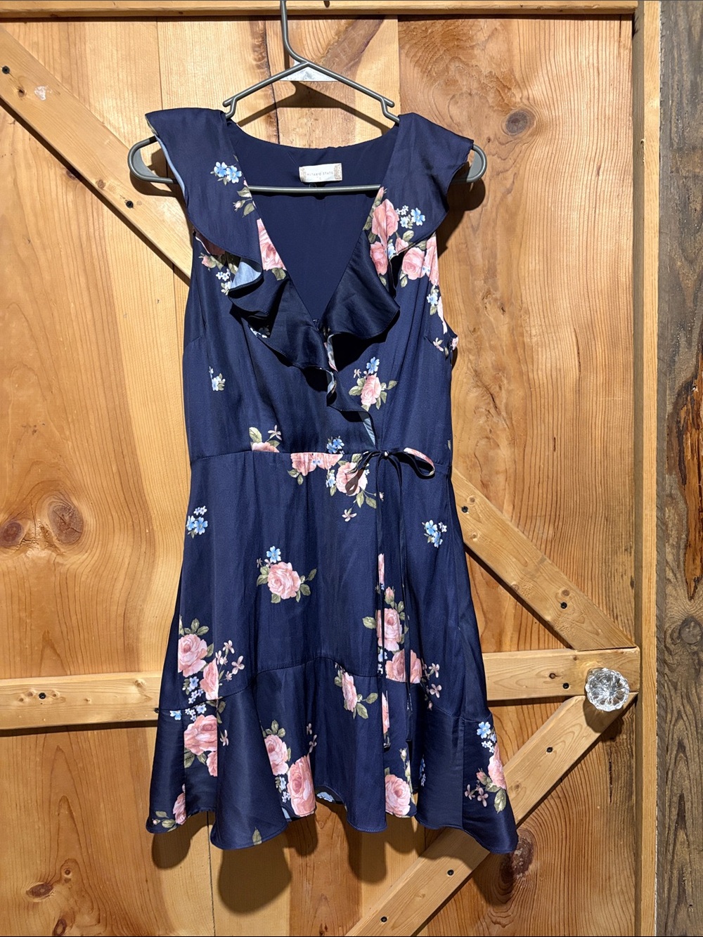 Navy Floral Ruffle Mini Dress with Pink Rose Print